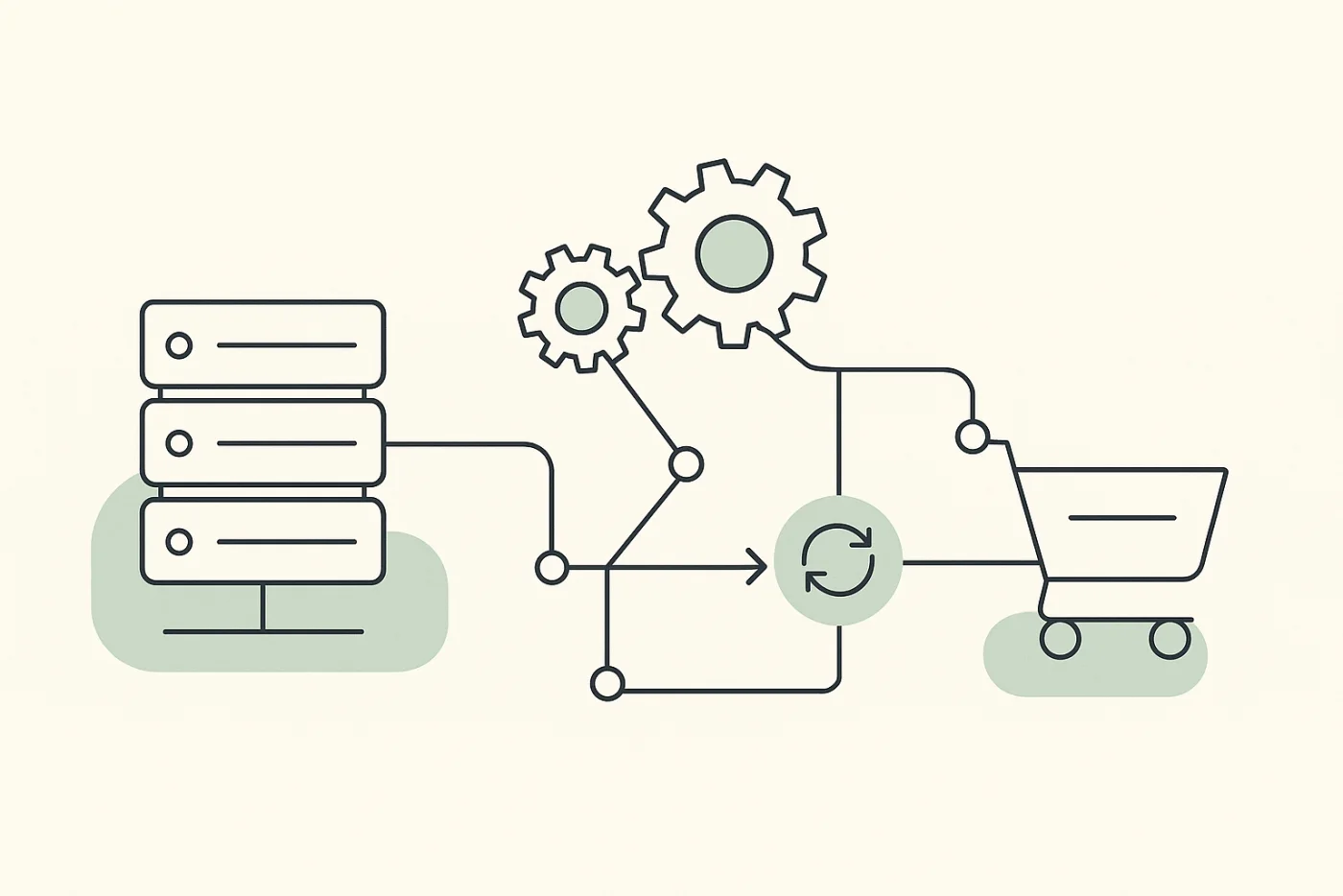 Illustration einer automatisierten Prozesskette: Server, Zahnräder, Synchronisation und Warenkorb
