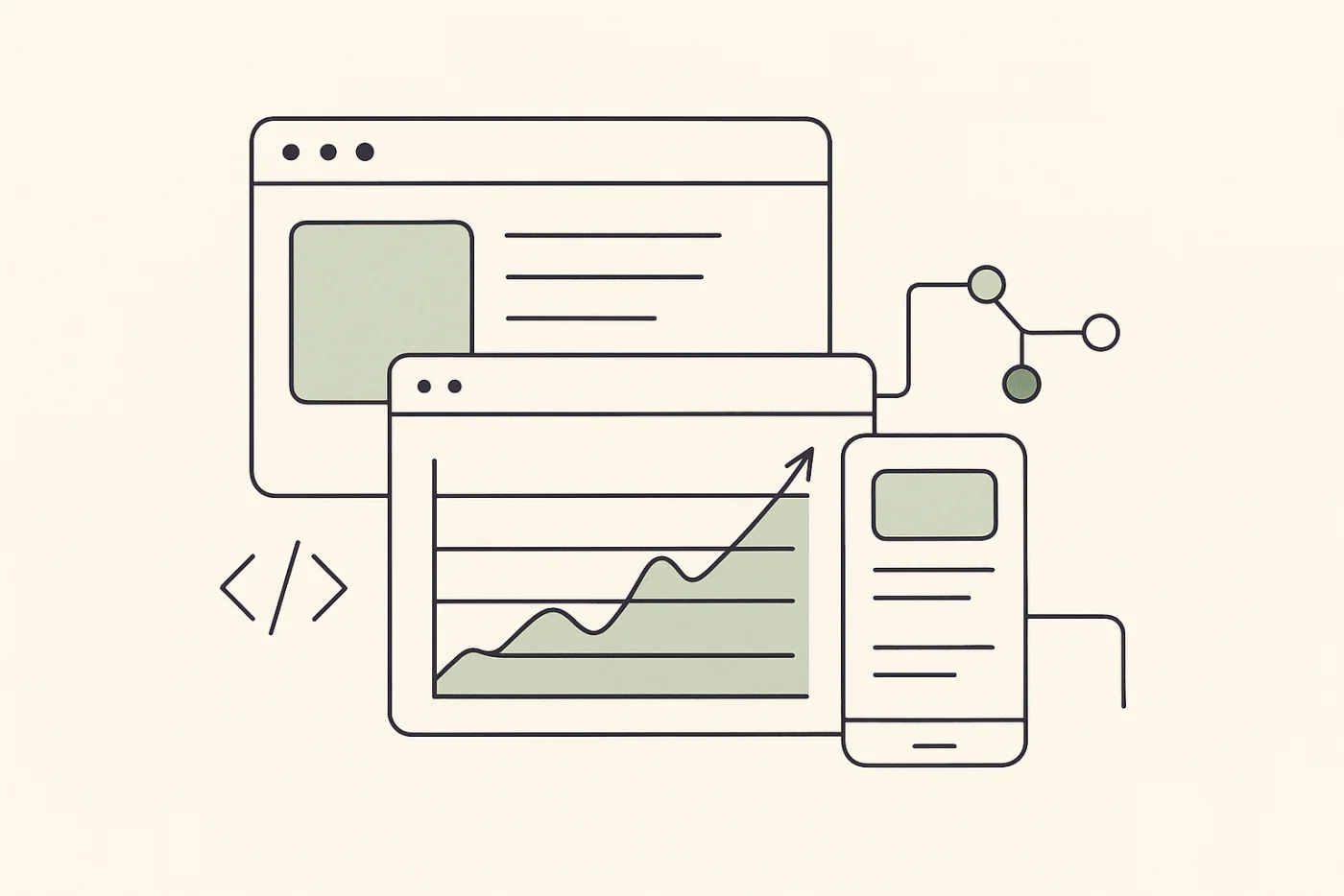 Illustration eines digitalen Produkts: Browser, Dashboard mit steigender Kurve und mobile App